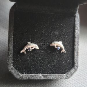 Silver Dolphin Stud Earrings Genuine Sapphire